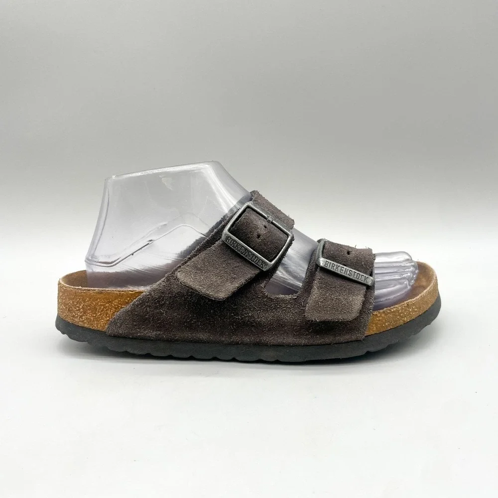 Birkenstock Womens 38 7 Arizona Sandals Mocha Brown Suede Two Strap Slide Boho
